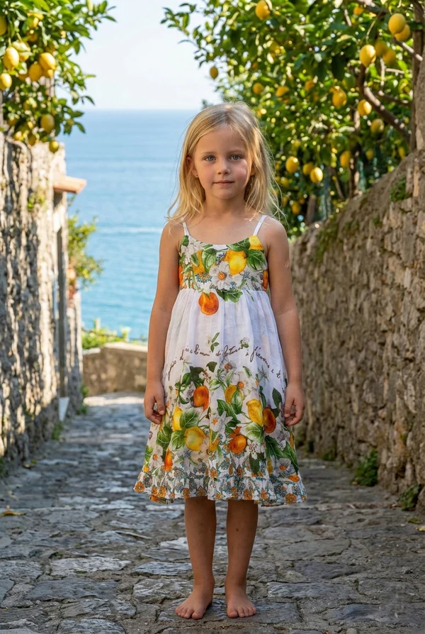 Vestido infantil de algodón estampado con tirantes.